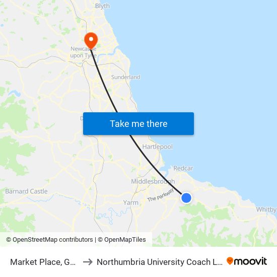 Market Place, Guisborough to Northumbria University Coach Lane Campus West map