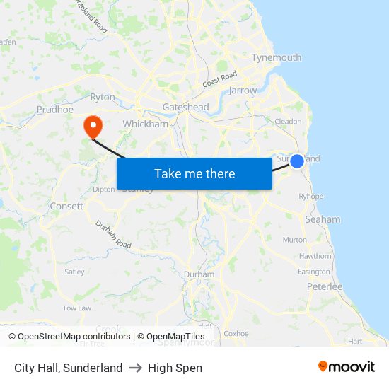 City Hall, Sunderland to High Spen map