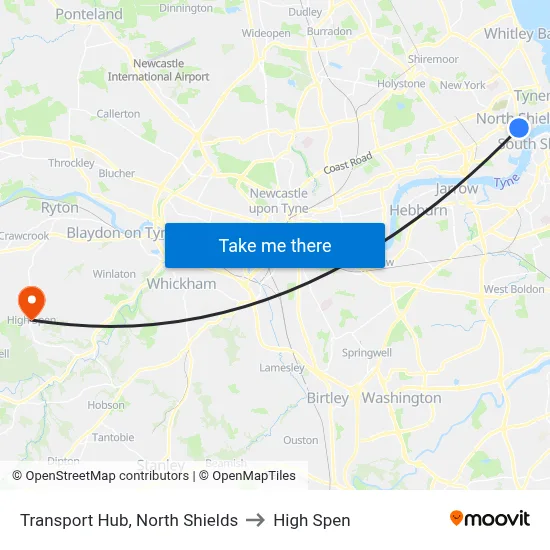 Transport Hub, North Shields to High Spen map