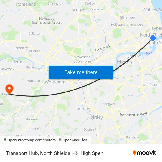 Transport Hub, North Shields to High Spen map