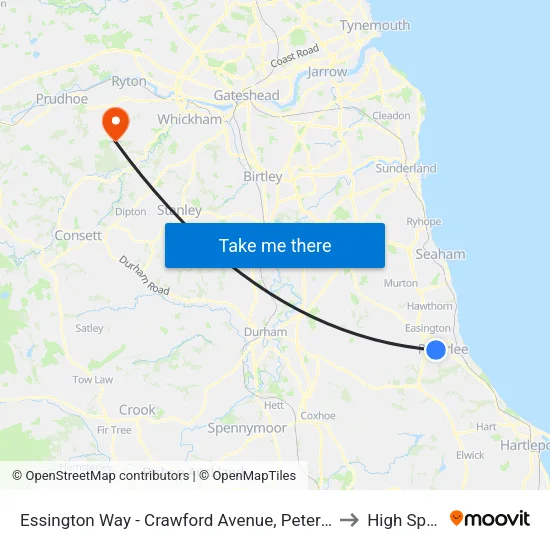 Essington Way - Crawford Avenue, Peterlee to High Spen map