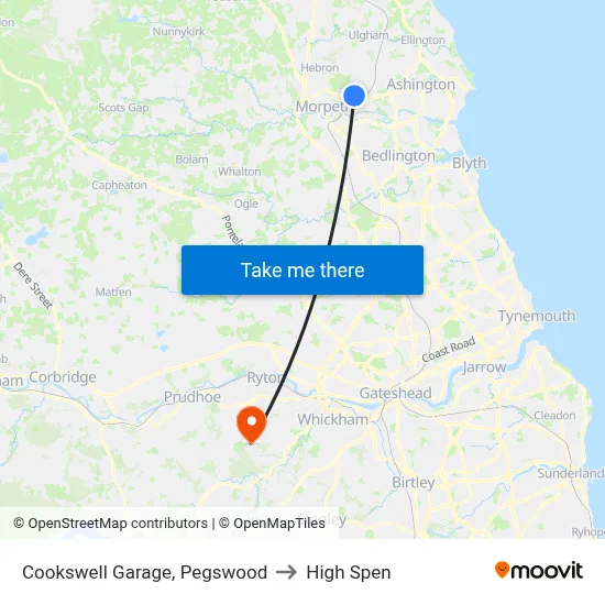Cookswell Garage, Pegswood to High Spen map
