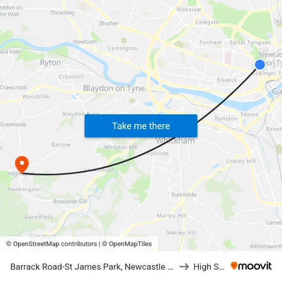 Barrack Road-St James Park, Newcastle upon Tyne to High Spen map