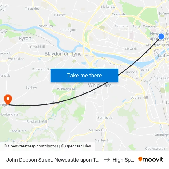 John Dobson Street, Newcastle upon Tyne to High Spen map