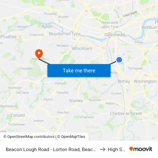 Beacon Lough Road - Lorton Road, Beacon Lough to High Spen map