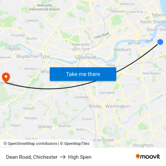 Dean Road, Chichester to High Spen map