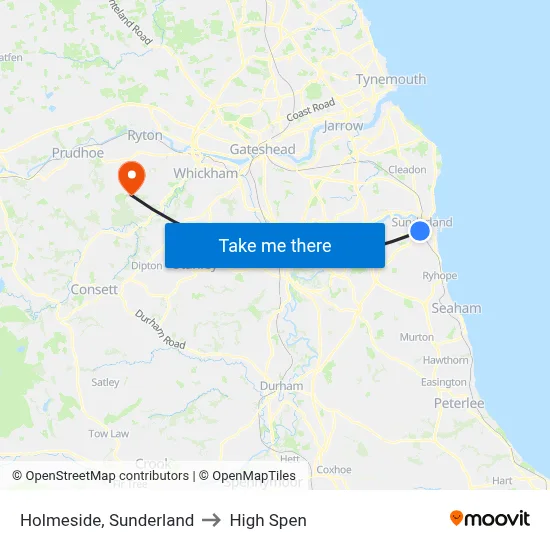Holmeside, Sunderland to High Spen map