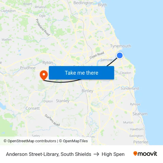 Anderson Street-Library, South Shields to High Spen map