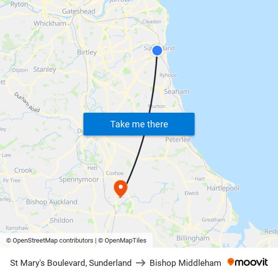 St Mary's Boulevard, Sunderland to Bishop Middleham map