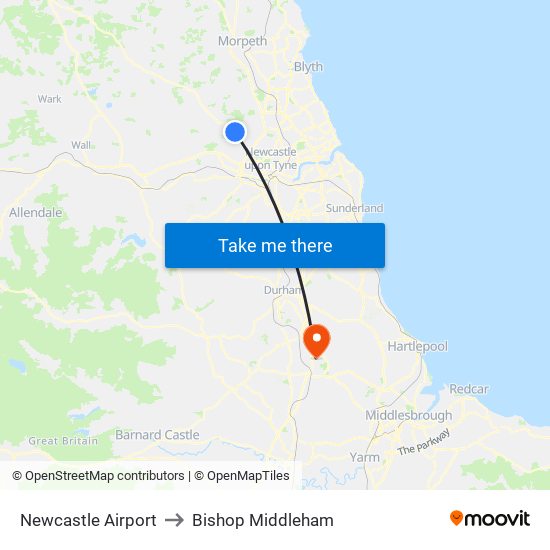 Newcastle Airport to Bishop Middleham map