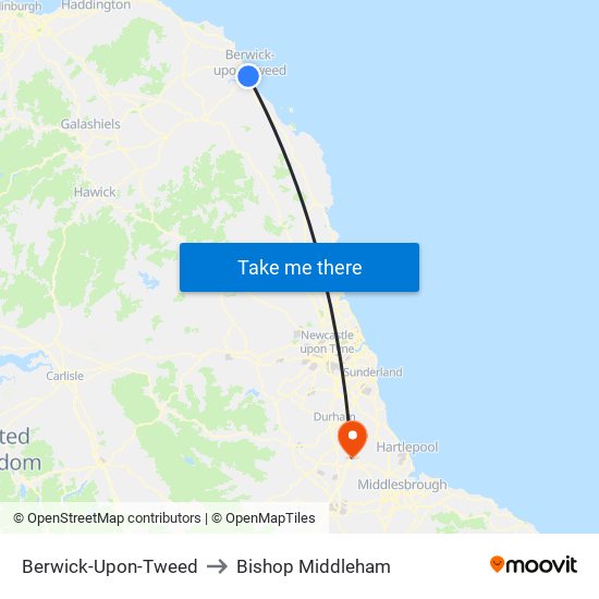 Berwick-Upon-Tweed to Bishop Middleham map