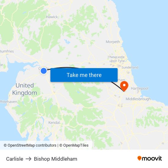 Carlisle to Bishop Middleham map