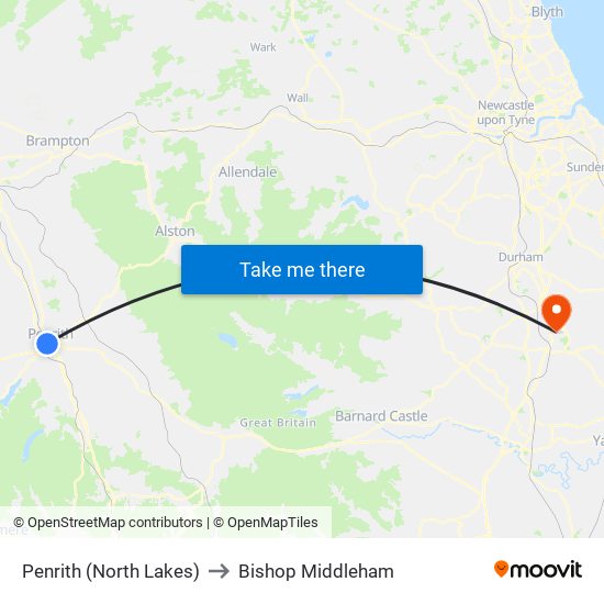 Penrith (North Lakes) to Bishop Middleham map