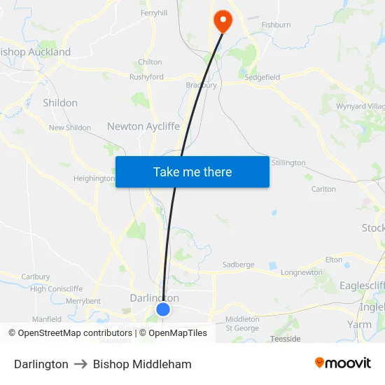 Darlington to Bishop Middleham map