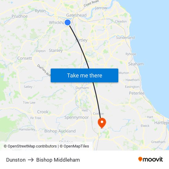 Dunston to Bishop Middleham map