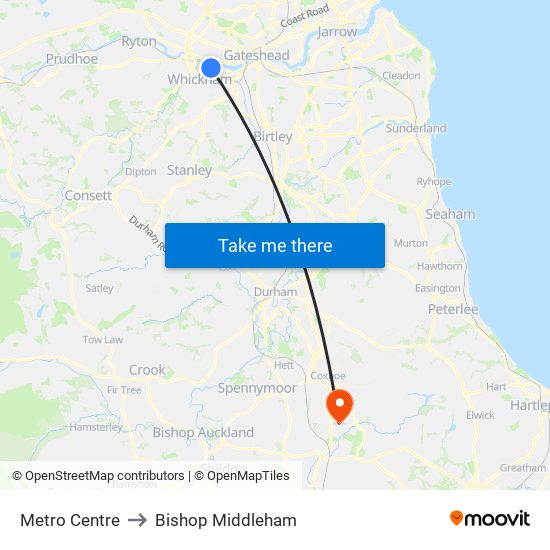 Metro Centre to Bishop Middleham map