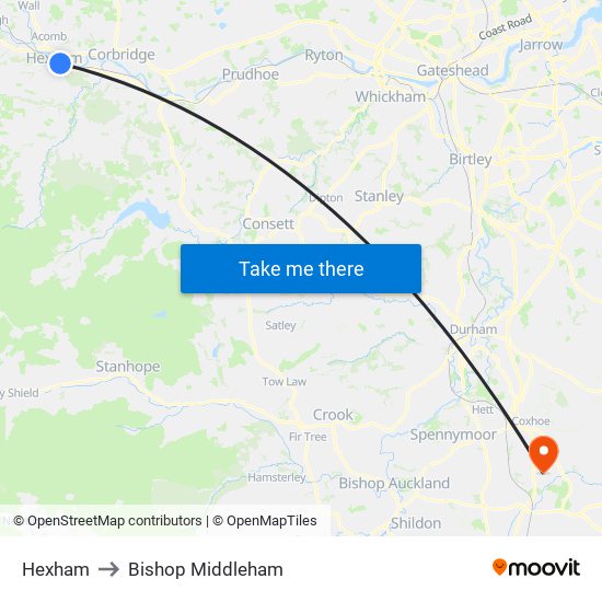 Hexham to Bishop Middleham map