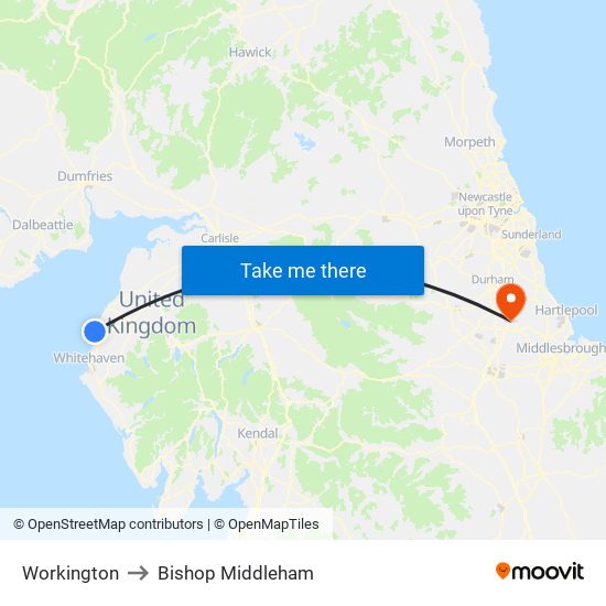 Workington to Bishop Middleham map