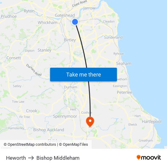 Heworth to Bishop Middleham map