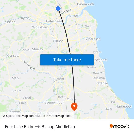 Four Lane Ends to Bishop Middleham map