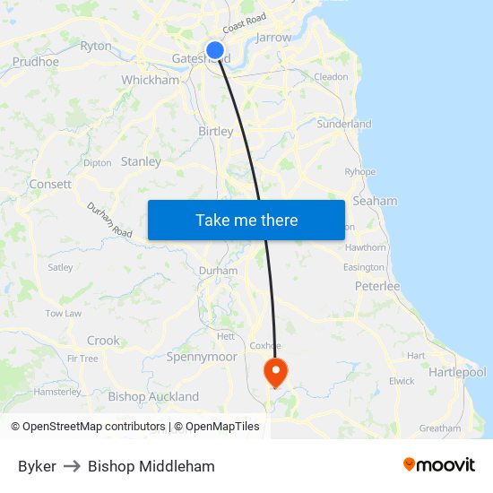 Byker to Bishop Middleham map