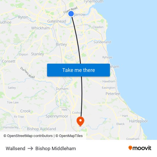 Wallsend to Bishop Middleham map