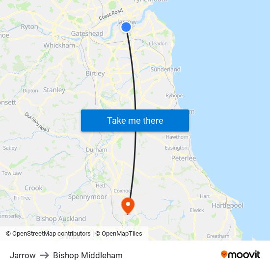 Jarrow to Bishop Middleham map