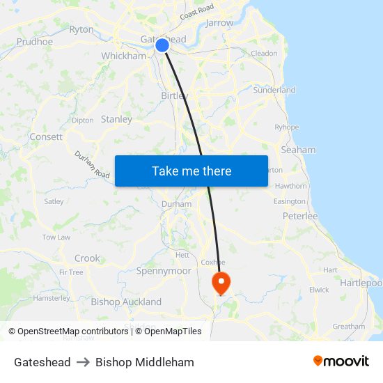 Gateshead to Bishop Middleham map