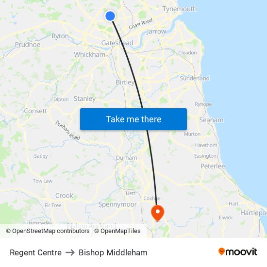 Regent Centre to Bishop Middleham map