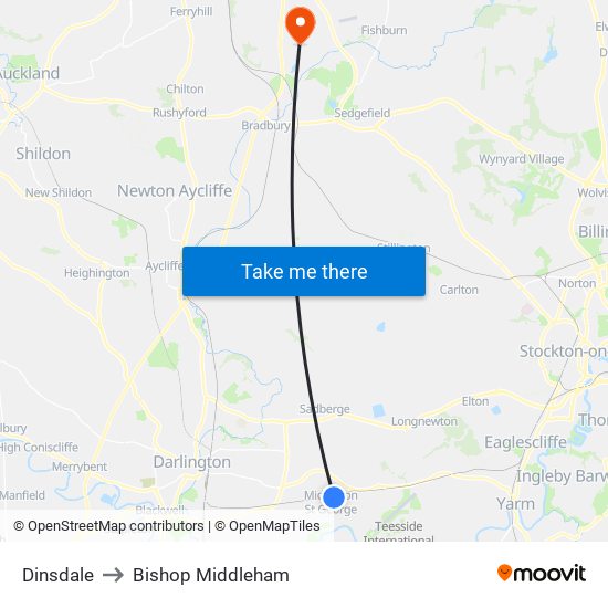 Dinsdale to Bishop Middleham map