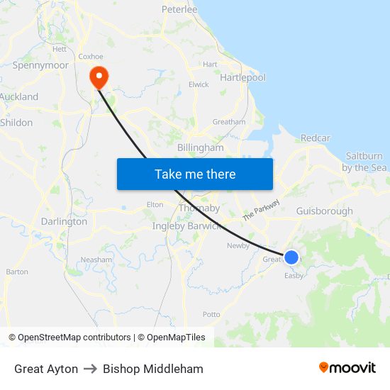 Great Ayton to Bishop Middleham map