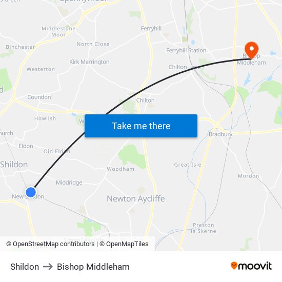 Shildon to Bishop Middleham map