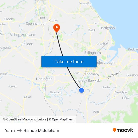 Yarm to Bishop Middleham map