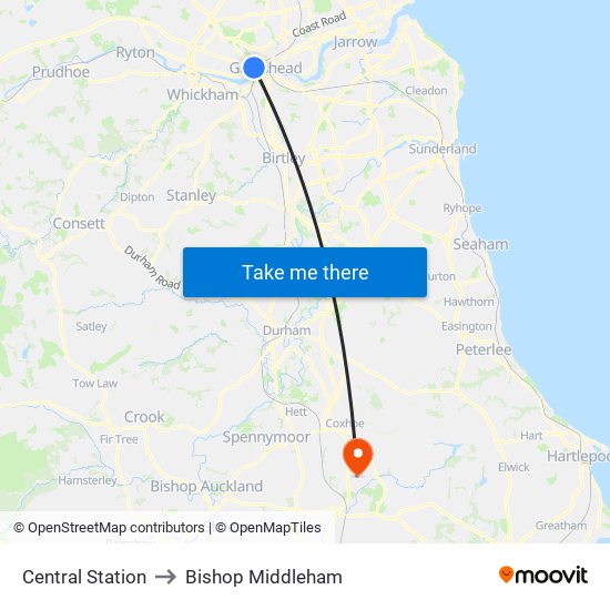 Central Station to Bishop Middleham map