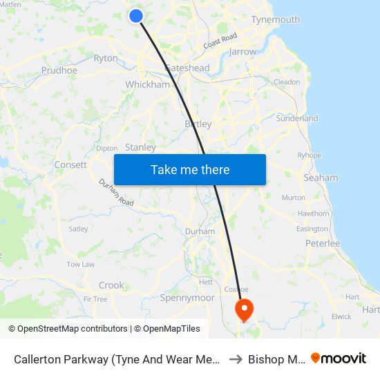 Callerton Parkway (Tyne And Wear Metro Station), Callerton Parkway to Bishop Middleham map