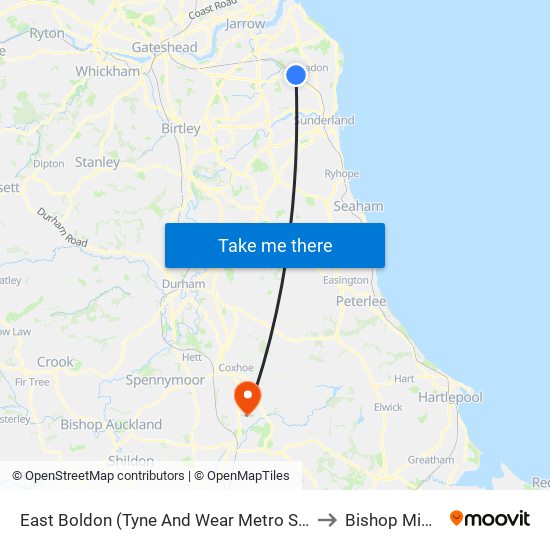 East Boldon (Tyne And Wear Metro Station), East Boldon to Bishop Middleham map