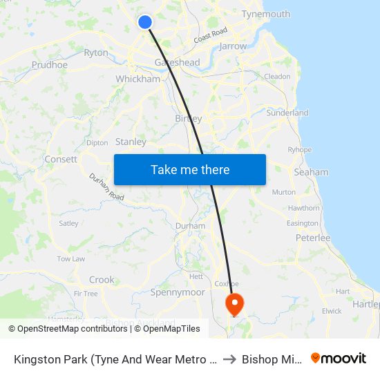 Kingston Park (Tyne And Wear Metro Station), Kingston Park to Bishop Middleham map