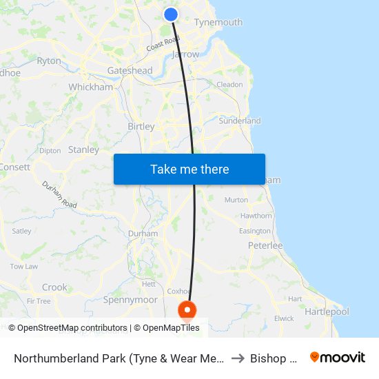 Northumberland Park (Tyne & Wear Metro Station), Northumberland Park to Bishop Middleham map