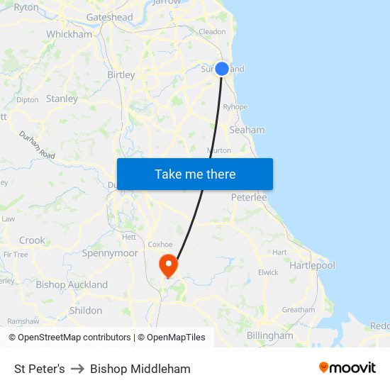 St Peter's to Bishop Middleham map