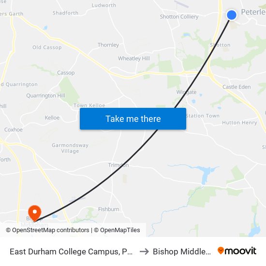 East Durham College Campus, Peterlee to Bishop Middleham map