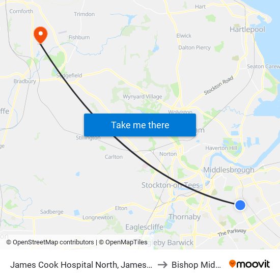 James Cook Hospital North, James Cook Hospital to Bishop Middleham map