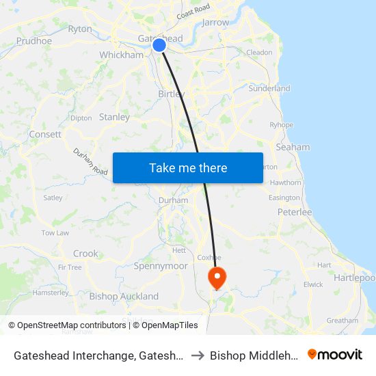 Gateshead Interchange, Gateshead to Bishop Middleham map