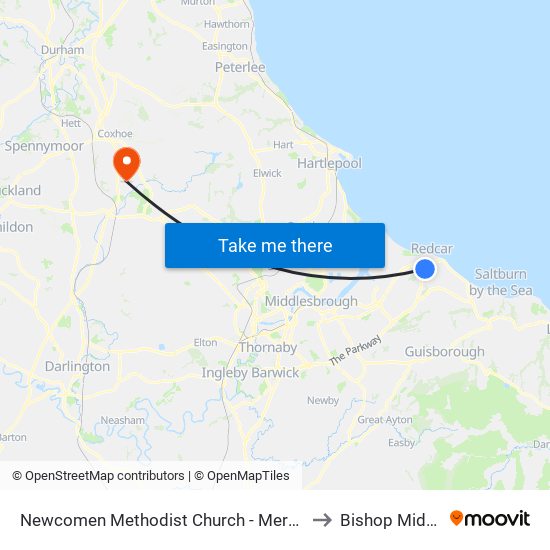 Newcomen Methodist Church - Mersey Road, Redcar to Bishop Middleham map