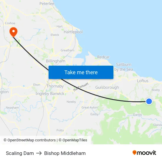 Scaling Dam to Bishop Middleham map