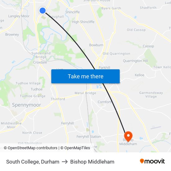 South College, Durham to Bishop Middleham map