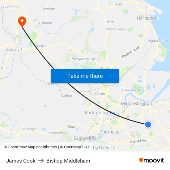 James Cook to Bishop Middleham map