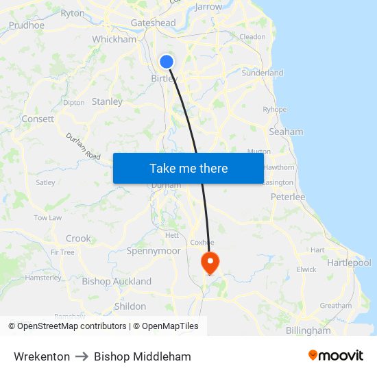 Wrekenton to Bishop Middleham map