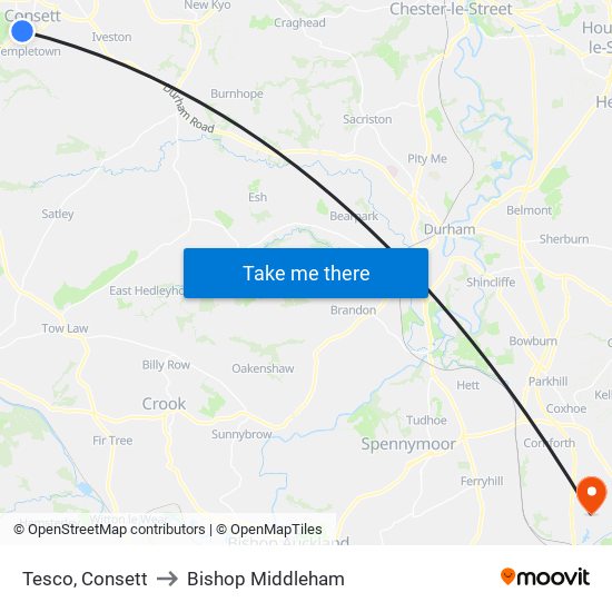 Tesco, Consett to Bishop Middleham map