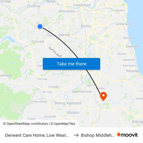 Derwent Care Home, Low Westwood to Bishop Middleham map