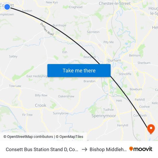 Consett Bus Station Stand D, Consett to Bishop Middleham map